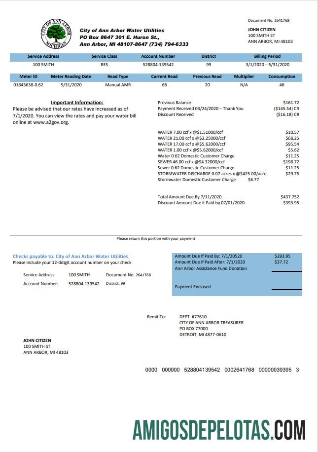 Para baixar modelo de conta de serviços públicos de água, EUA, Michigan, cidade de Ann Arbor, em formato Word e PDF